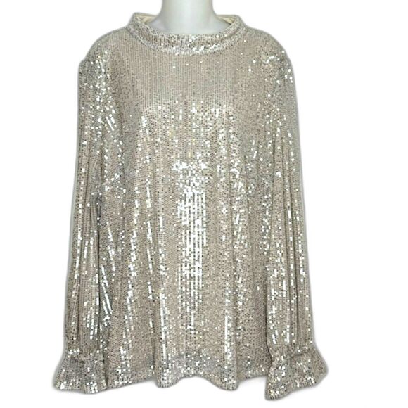 LANE BRYANT CHAMPAGNE TAUPE SEQUIN LONG SLEEVE TOP KEY HOLE BACK PLUS SIZE 26 - Picture 1 of 10